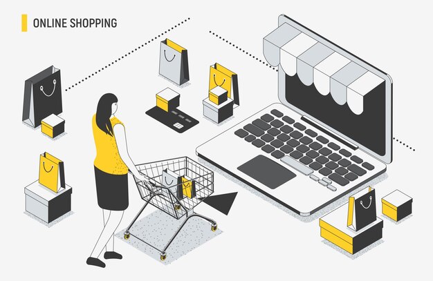 Vector isometric  illustration with laptop, packages, boxes and woman with shopping cart