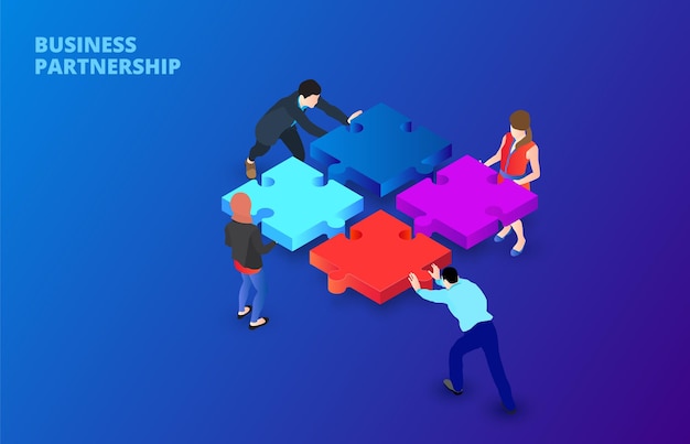 Vector vector isometric illustration with people holding a puzzle piece on a dark blue background