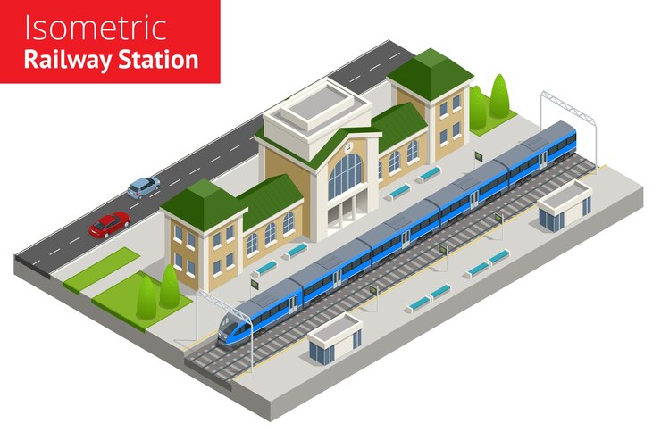Vector vector isometric infographic element railway station building terminal. city train. building facade train station public train station building with passenger trains, platform, related infrastructure.