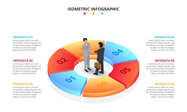 Vector isometric infographic with businessman handshake Business concept with 6 options