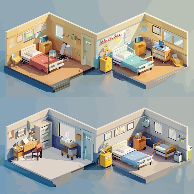 Vector vector_isometric_low_poly_hospital_rooms