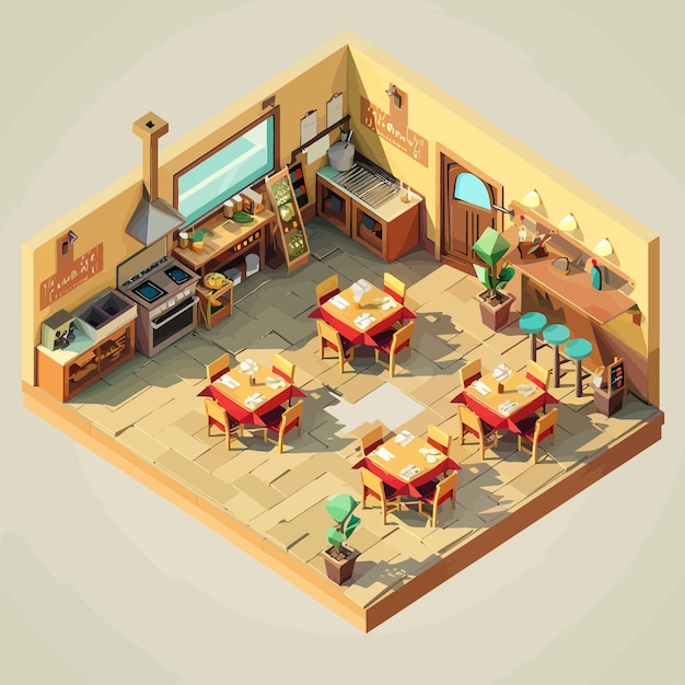 Vector_isometric_low_poly_restaurant_with_kitchen