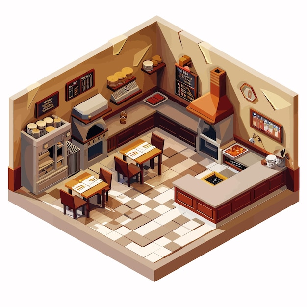 Vector vector_isometric_low_poly_restaurant_with_kitchen