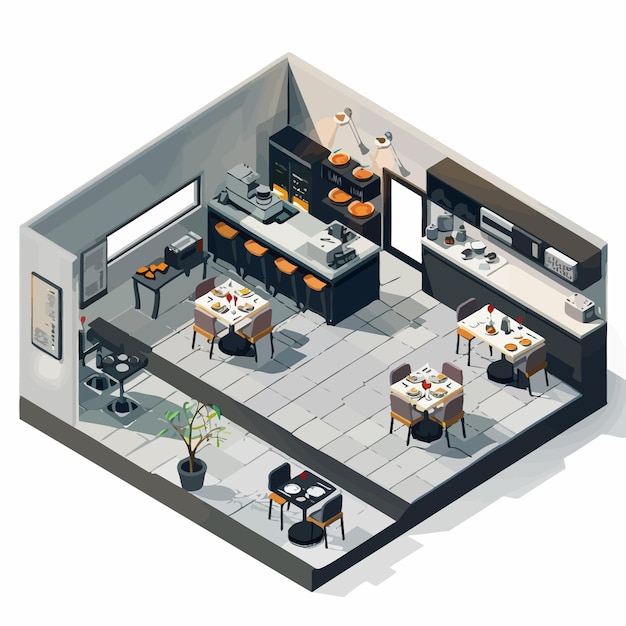 Vector vector_isometric_low_poly_restaurant_with_kitchen