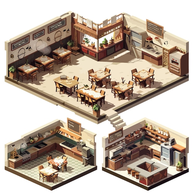 Vettore vector_isometric_low_poly_restaurant_with_kitchen