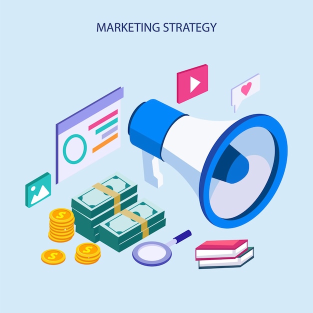 Strategia di marketing isometrica vettoriale strategia dei contenuti di analisi aziendale e concetto di gestione