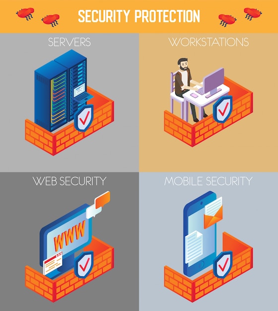 Vector isometric security protection icon set