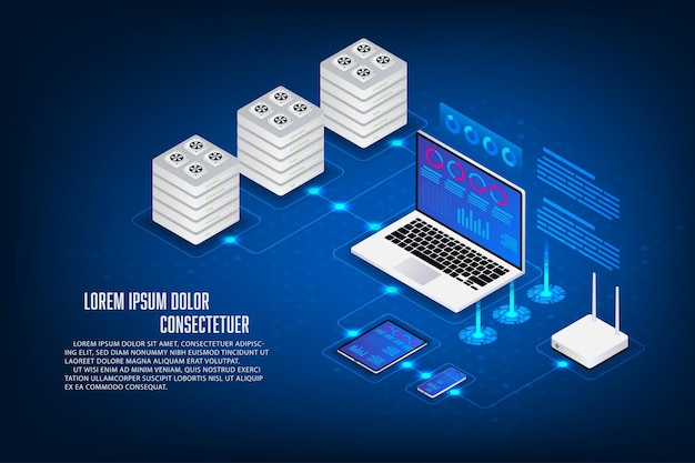 Концепция векторного изометрического хранения сервера Ноутбук планшетный мобильный маршрутизатор wifi и изометрический сервер