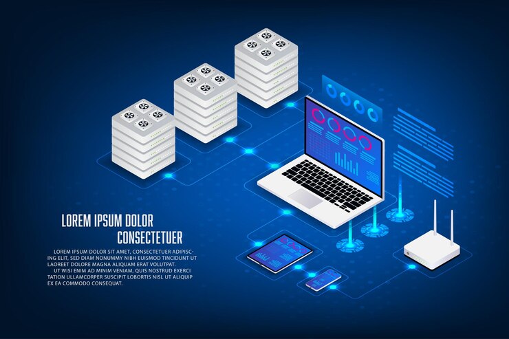 Vector vector isometric server storage concept laptop tablet mobile router wifi and server isometric