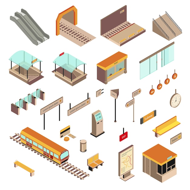 Vector isometric of subway elements on a white background.