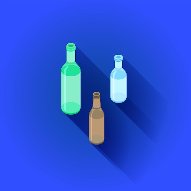 Vector isometrisch ontwerp groen wit bruin glas alcohol lege flessen set geïsoleerde illustratie blauwe background