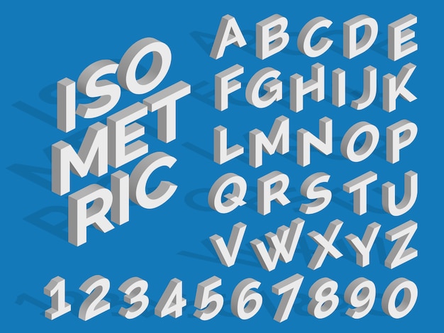 Vector vector isometrische alfabet en cijfers. funky 3d lettertype