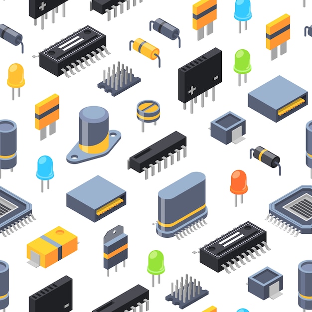 Vector isometrische microchips en elektronische onderdelen naadloos patroon