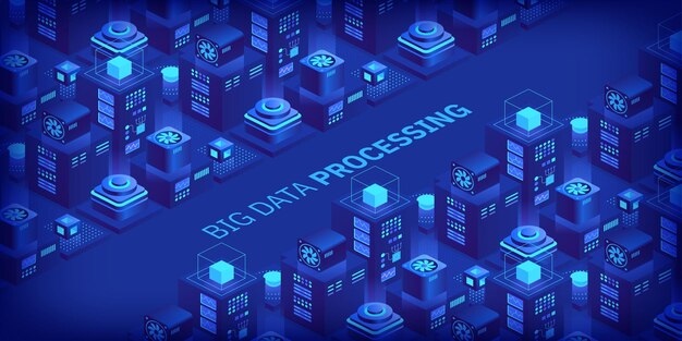 Vector-isometrische serverruimte Quantumcomputer Cloud-opslag datacentrum Webhosting
