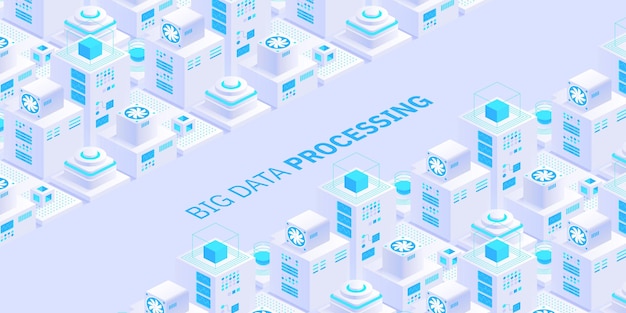 Vector-isometrische serverruimte Quantumcomputer Cloud-opslag datacentrum Webhosting