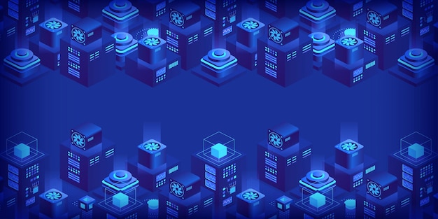 Vector-isometrische serverruimte Quantumcomputer Cloud-opslag datacentrum Webhosting