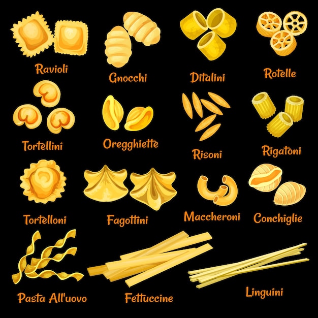 Vector Italiaanse pasta sorteert pictogrammen