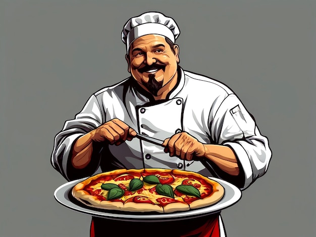 Vettore vector chef italiano e illustrazione di pizza calda isolati