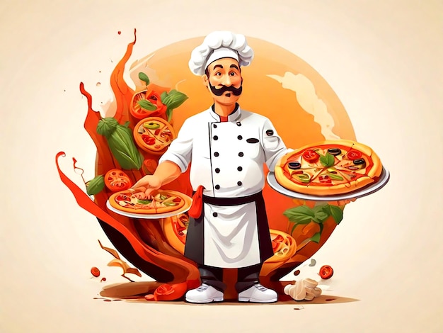 Vector Italian chef and hot pizza illustration isolated