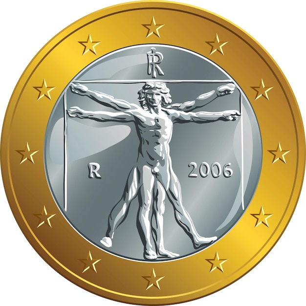 Vector Italian money gold coin one euro Vitruvian Man