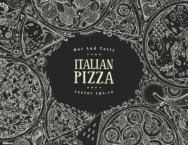 Рамка взгляд сверху итальянской пиццы вектора на доске мела.