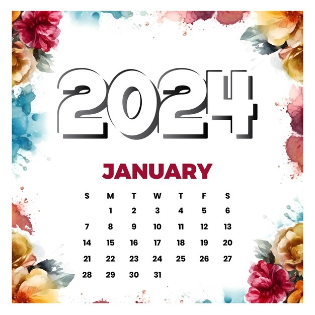 vector january floral calendar 2024