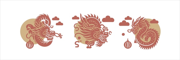 Японский векторный дракон в красно-золотом цвете, нарисованный вручную.