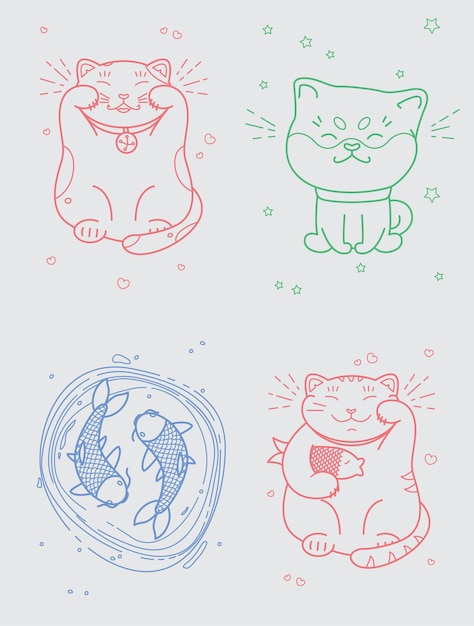 Set di disegni al tratto in stile giapponese vettoriale - gatti maneki neko, cane akita e pesci koi.