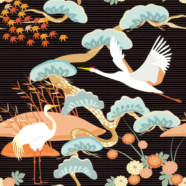 Vector vector japanese and wind background,red-crowned crane