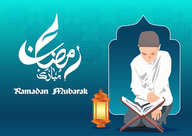 vector jongen is gefocust op het lezen van het heilige boek koran met een lantaarn in de moskee in de ramadan