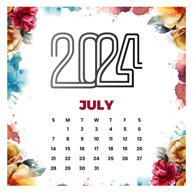 Vettore vettore calendario floreale di luglio 2024