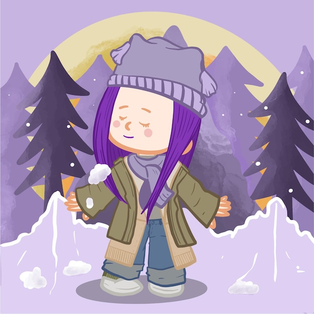 Vector karakter illustratie van schattig paars harig meisje met winter achtergrond en dennenbomen