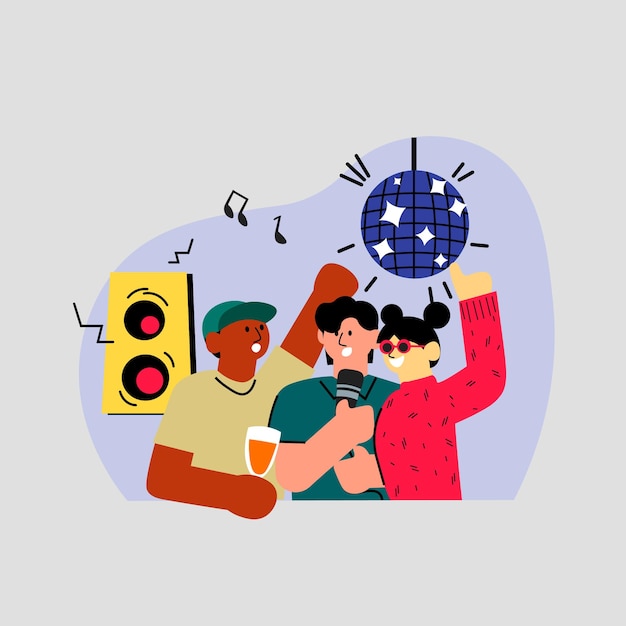 Vector vector karaoke party with group of singing people flat illustration