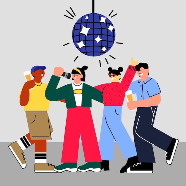 Vector vector karaoke party with group of singing people flat illustration