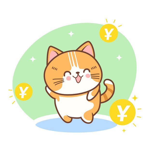 Vector kawaii cute cat mascot with gold coin yen yuan illustration rich cat CNY JPY isolated