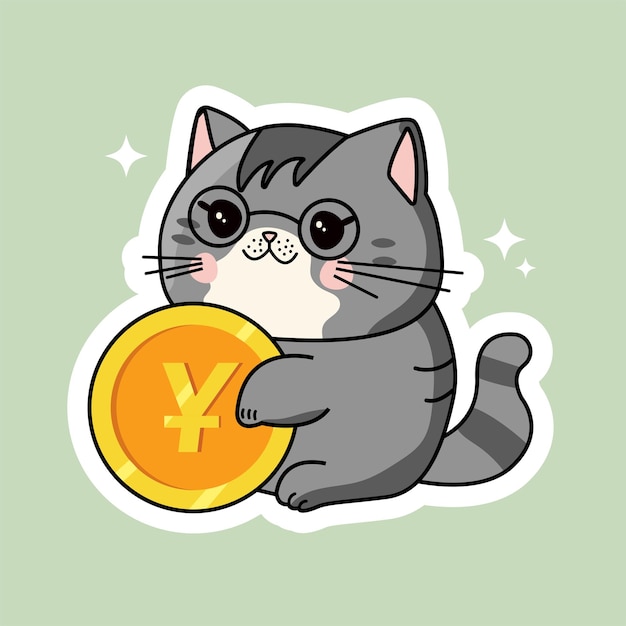 Vector kawaii cute cat mascot with gold coin yen yuan illustration rich cat CNY JPY sticker cartoon