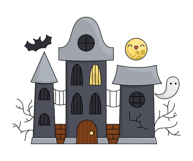 Vector kawaii haunted house Cute Halloween building for kids Funny autumn all saints day cartoon scary illustration Samhain party spooky cottage icon with moon ghost bat for children