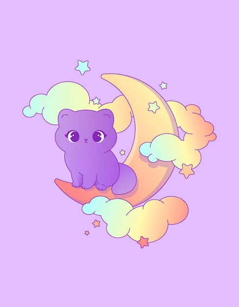 Illustrazione kawaii vettoriale di kitty sulla luna, delicati colori pastello