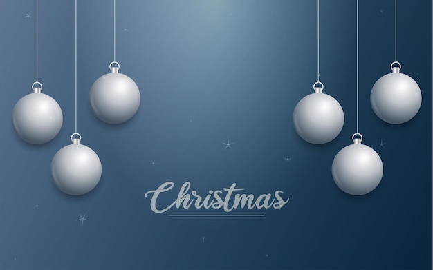 Vector kerstbanner met versieringen merry christmas tekst zilveren ornamenten op blauwe achtergrond vectorillustratie