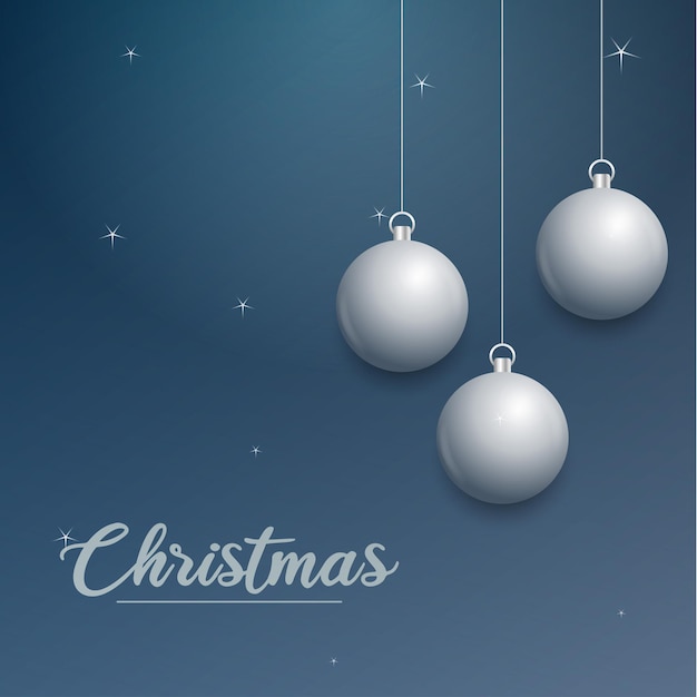 Vector Kerstbanner met versieringen Merry Christmas tekst zilveren ornamenten op blauwe achtergrond Vectorillustratie