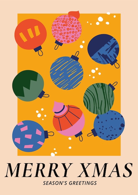 Vector kerstgroeten art poster met verschillende traditionele decoratie in hedendaagse moderne trendy stijl