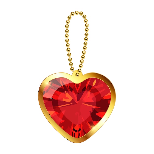 Vector keychain with heart pendant on a gold chain red ruby gemstone golden necklace or bracelet