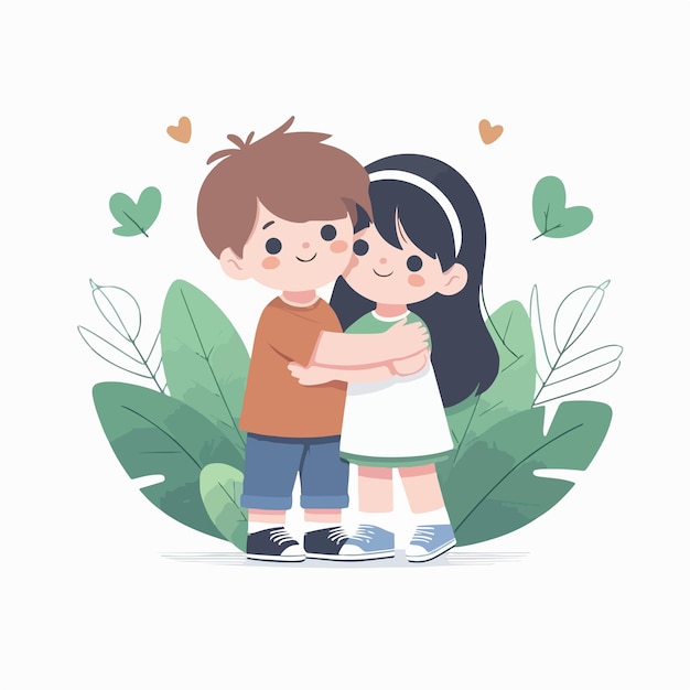 Vector vector kid couple hugging with a simple and minimalist flat design style