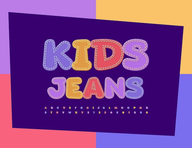 Vector vector kids style jeans font colorful fabric alphabet denim textured letters and numbers set