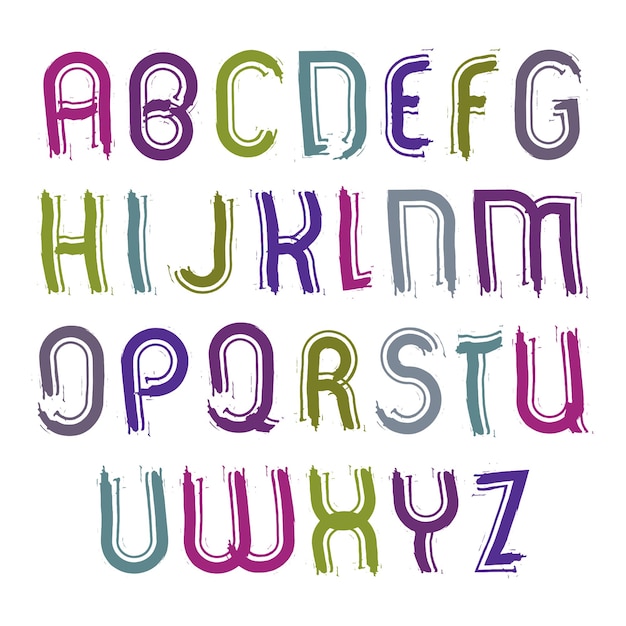 Vector vector kinderachtig gestreept lettertype, handgeschreven aquarel hoofdletters geïsoleerd op wit, ongebruikelijk helder lettertype getekend met inktborstel.