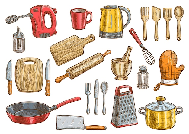 Set di utensili da cucina vettoriale. elementi isolati di vettore di elettrodomestici da cucina. utensili da cucina e posate clipart