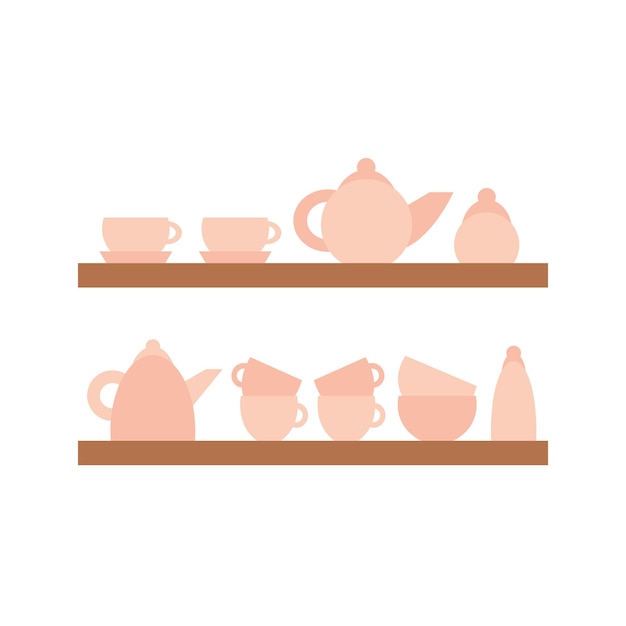 Векторная кухонная утварь на полках, набор инструментов для приготовления пищи в плоском стиле, изолированные тарелки, миски, чайник и чашки