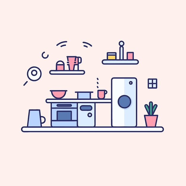 Вектор кухни с холодильником и полками, заполненными посудой