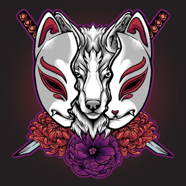 Premium Vector Vector kitsune mask with katana sword japanese