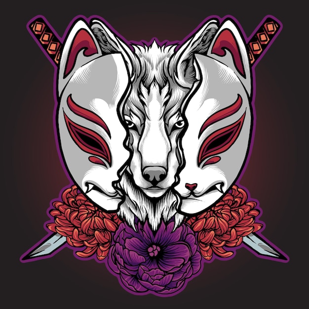 Vector vector kitsune mask with katana sword japanese illustration